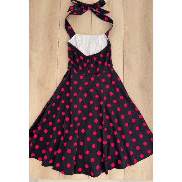 Feldie Black & Hot Pink Polka-Dot 1950s Inspired Halter Skater Style Dress Small - Picture 6 of 15